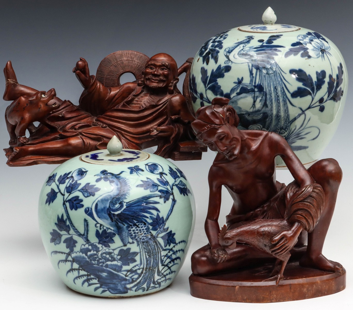 CHINESE CELADON AND BLUE GINGER JARS AND WOOD CARVINGS