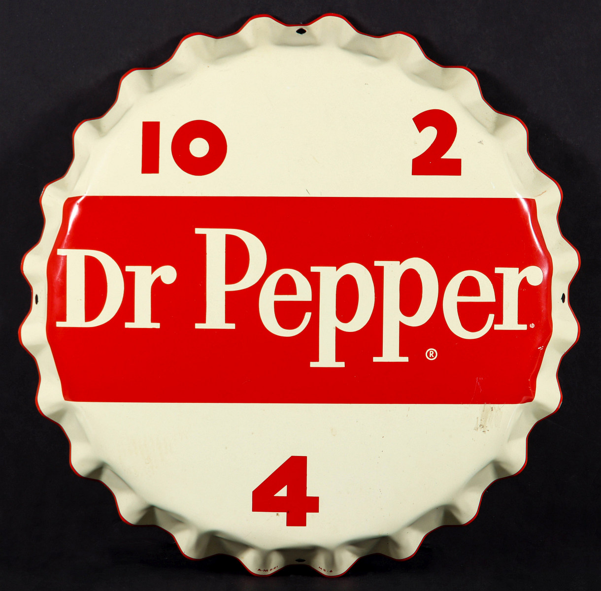 A DR. PEPPER 10, 2 AND 4 TIN BOTTLE CAP SIGN