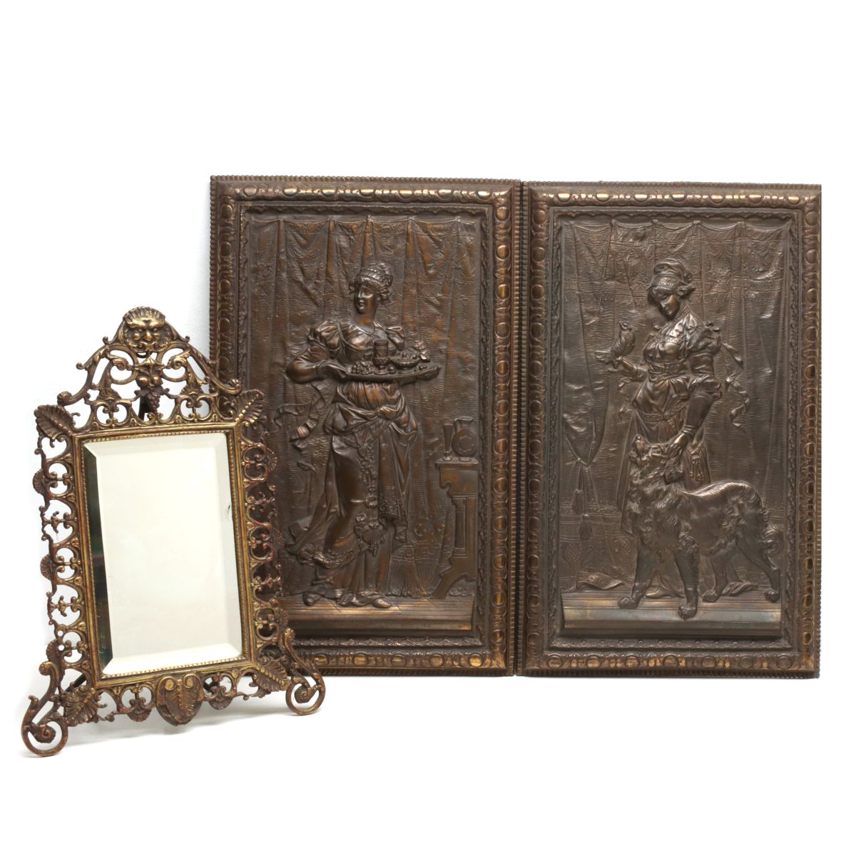 ORNATE VICTORIAN CAST IRON PLAQUES AND MIRROR FRAME