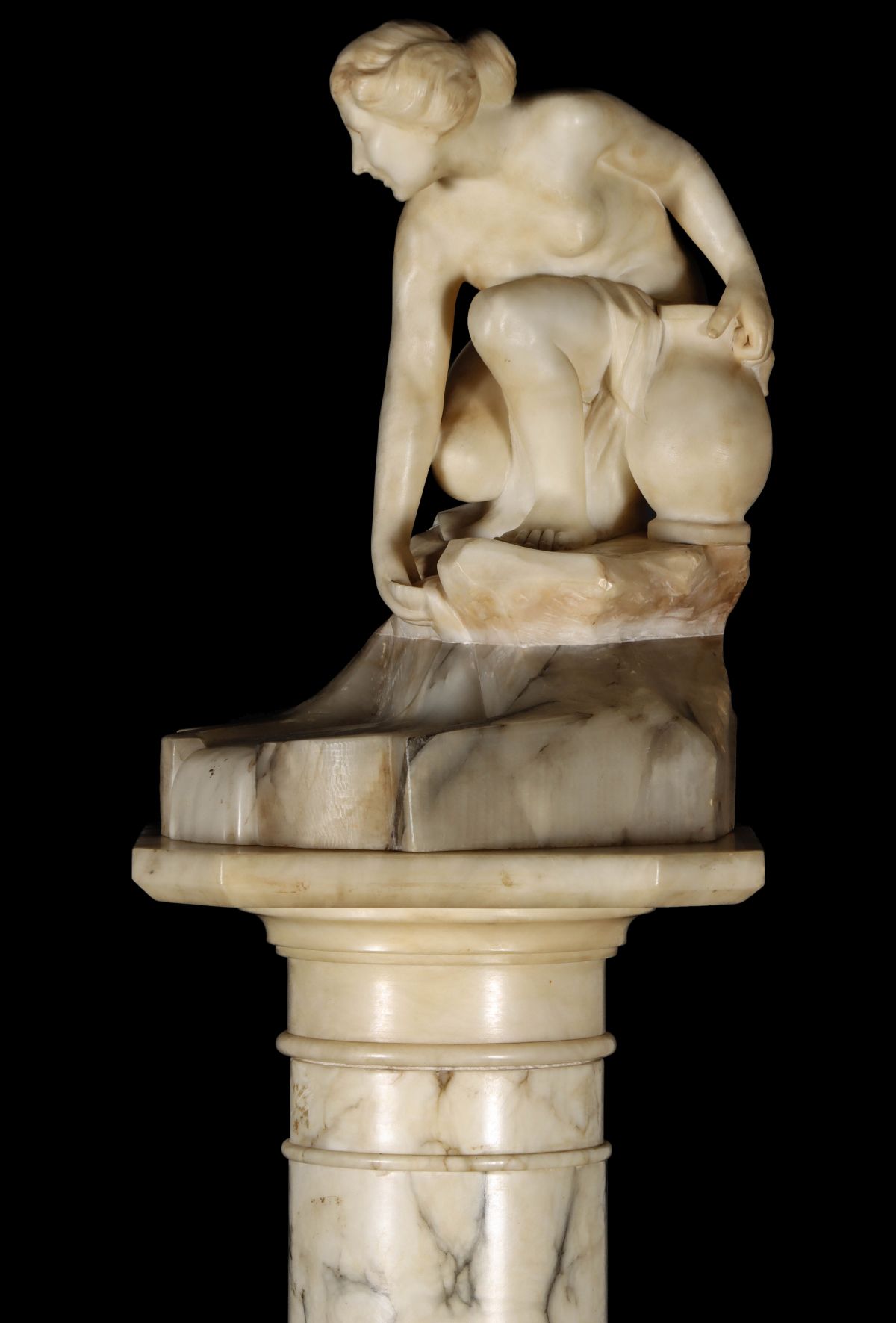 AN ITALIAN NUDE BATHER MARBLE SCULPTURE WITH PEDESTAL