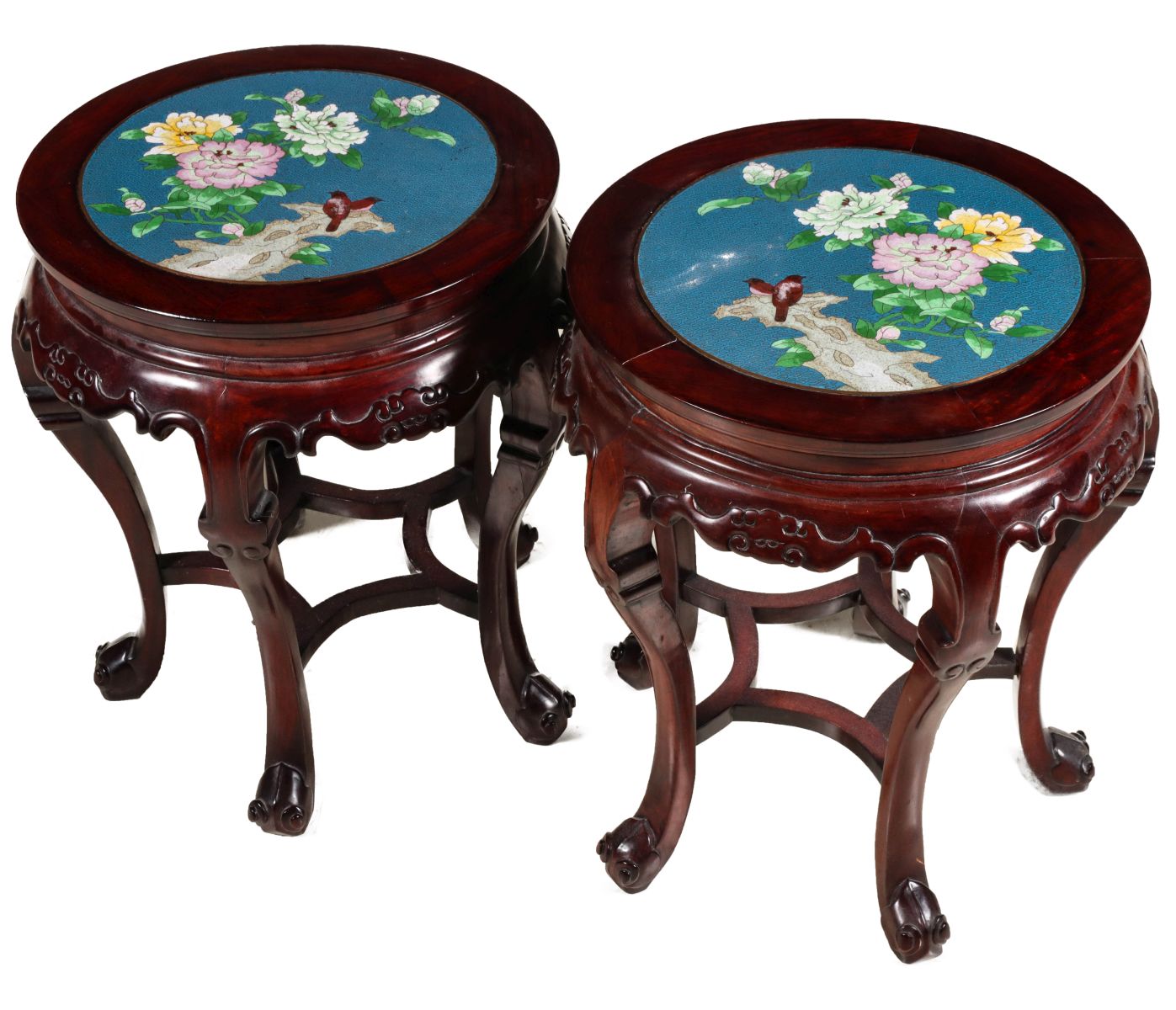 A PAIR LATE 20TH C. SIDE TABLES WITH CLOISONNE INLAY
