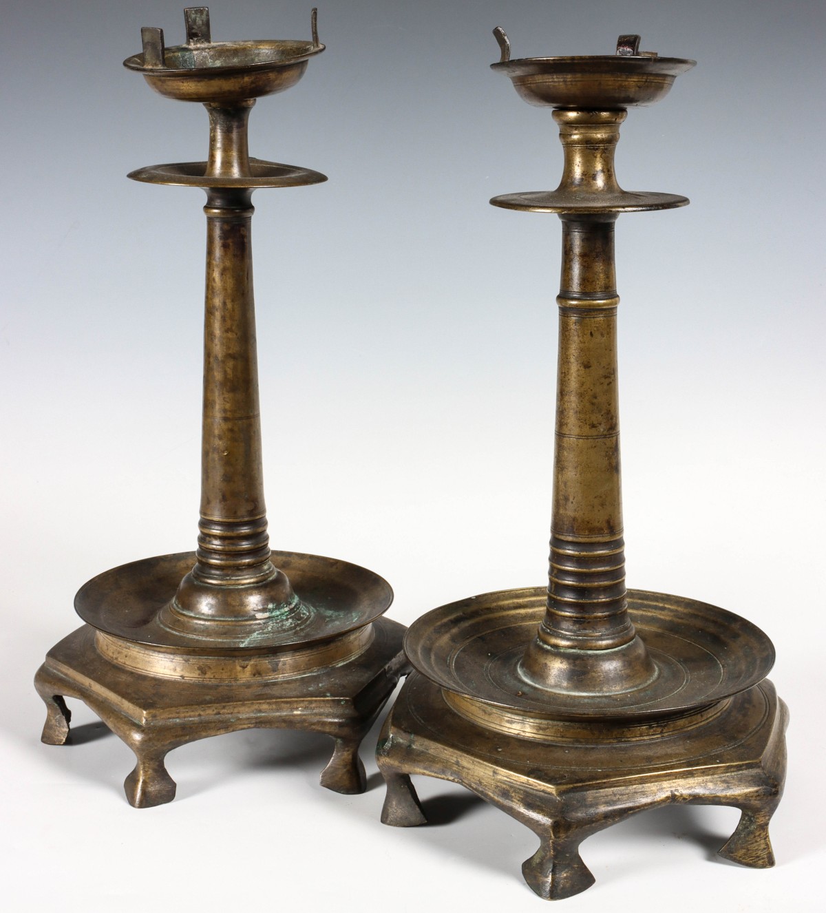 18TH C. BRASS FOOTED CANDLESTICKS WITH DRIP PAN