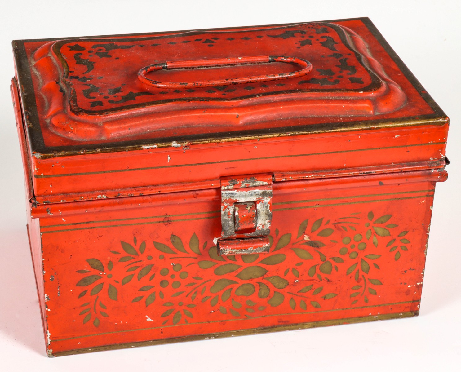 A SALMON TOLE DOCUMENT BOX WITH GOLD STENCILING