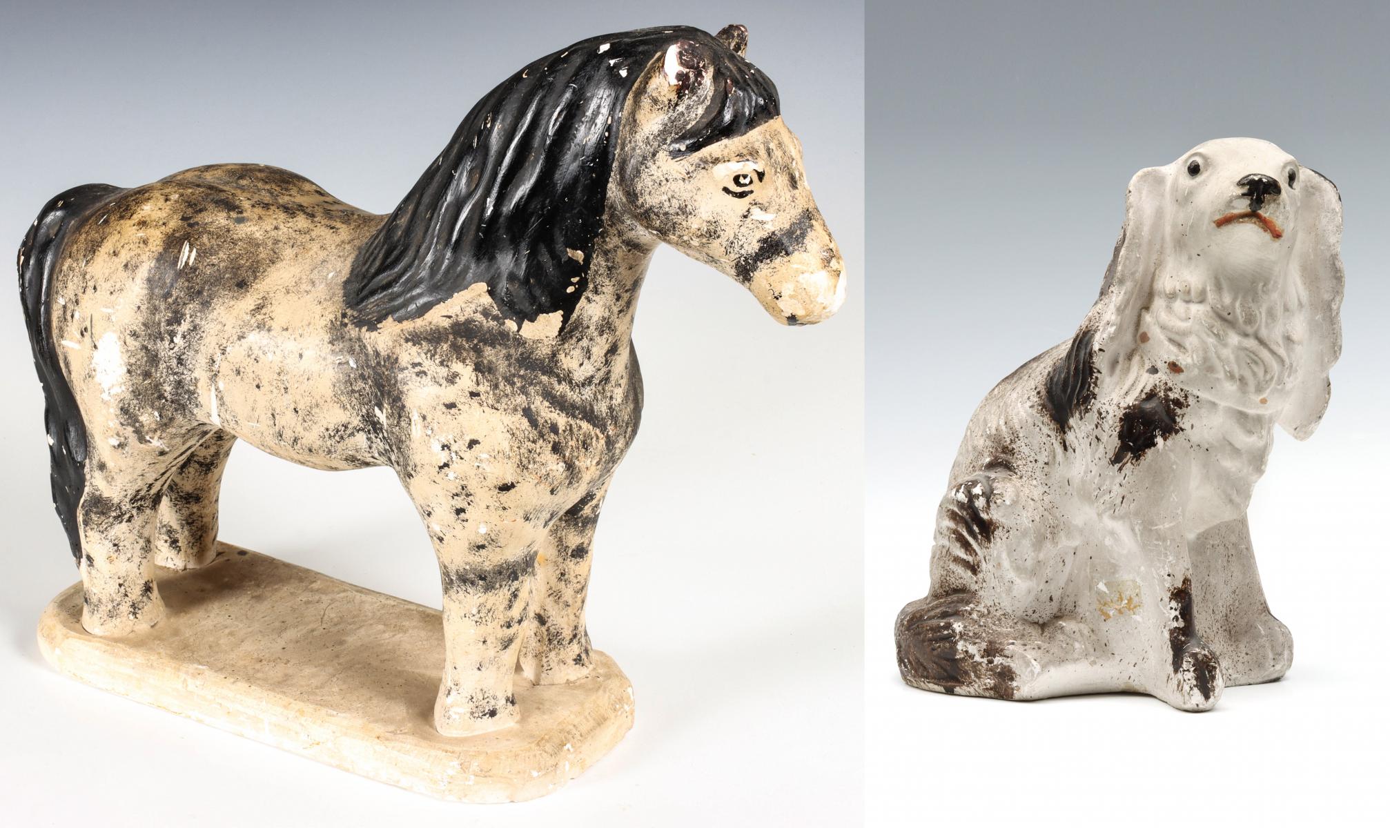A 19TH C. CHALK WARE SPANIEL AND DRAFT HORSE