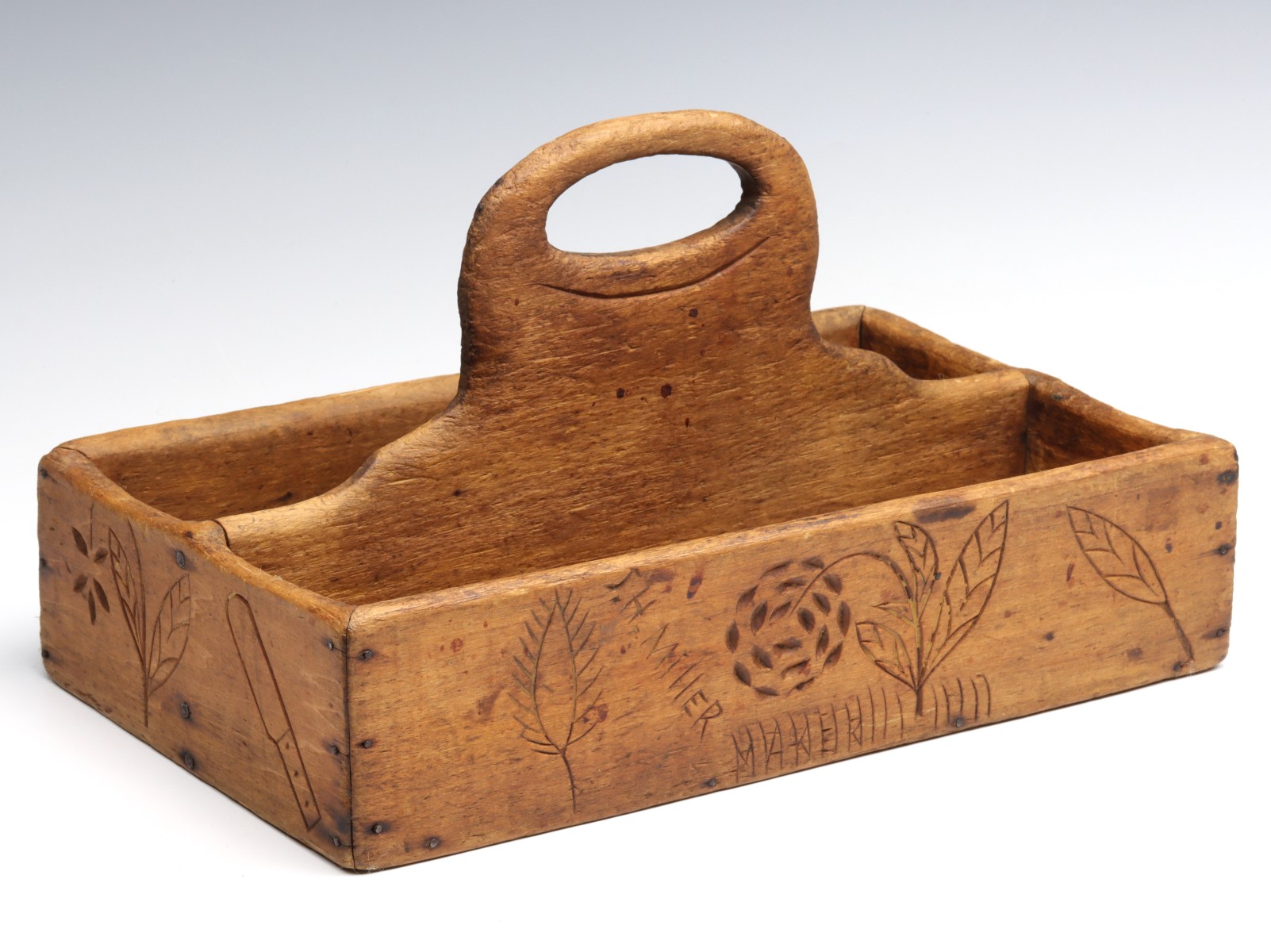 A 19TH C WOOD CUTLERY TRAY WITH ETCHED DECORATION