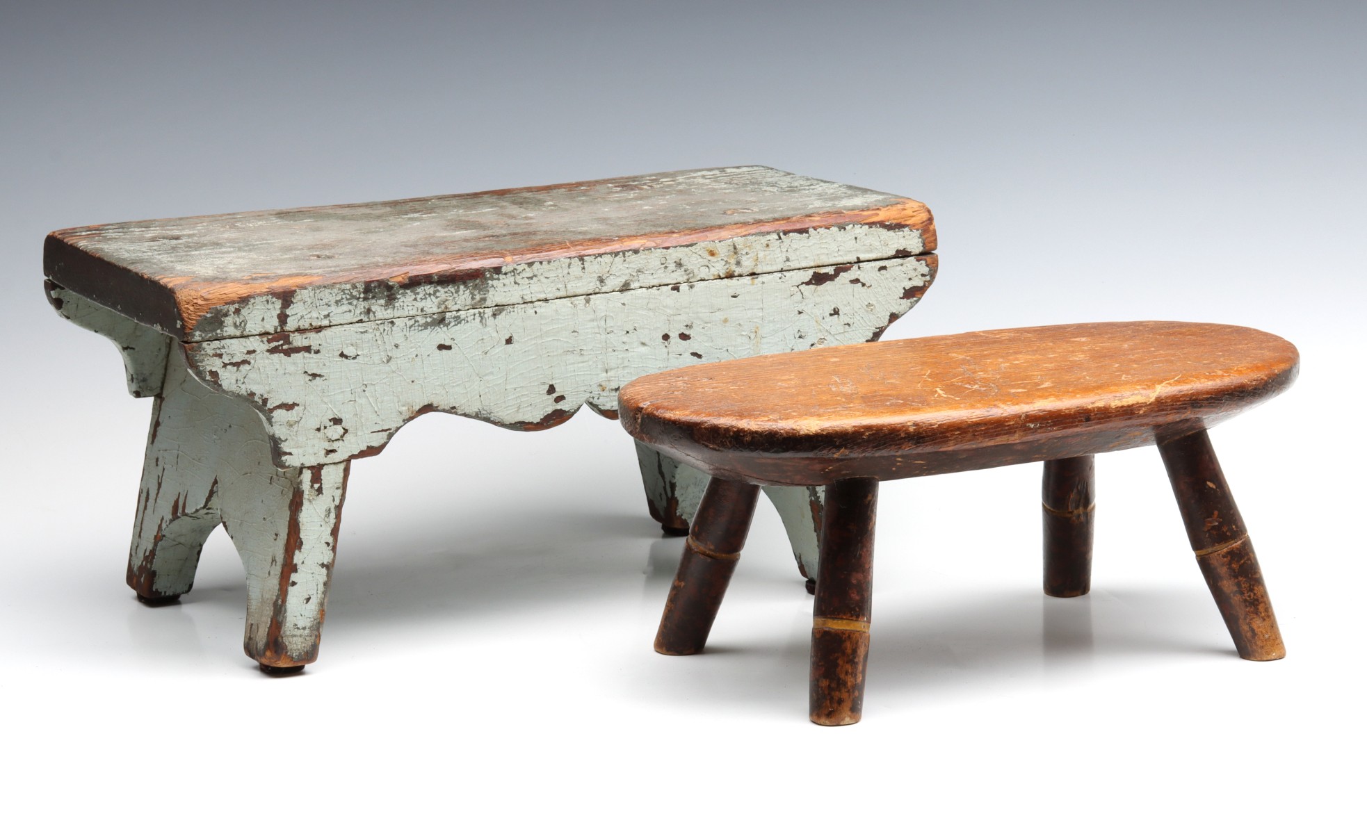 TWO LATE 19TH C. CRICKET STOOLS WITH OLD PAINT