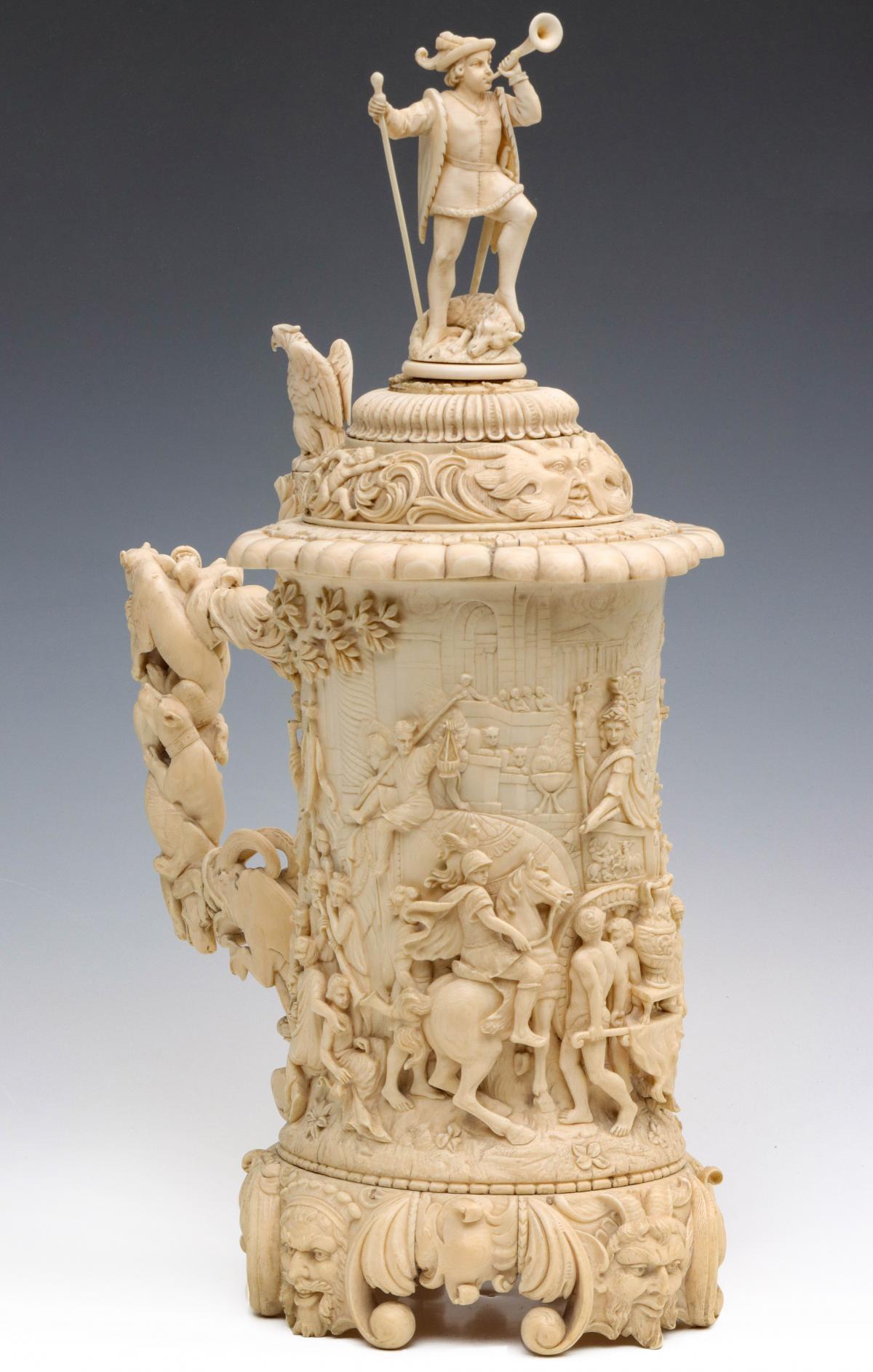 A MASSIVE 19TH C. GERMAN CARVED IVORY STEIN 20 INCHES