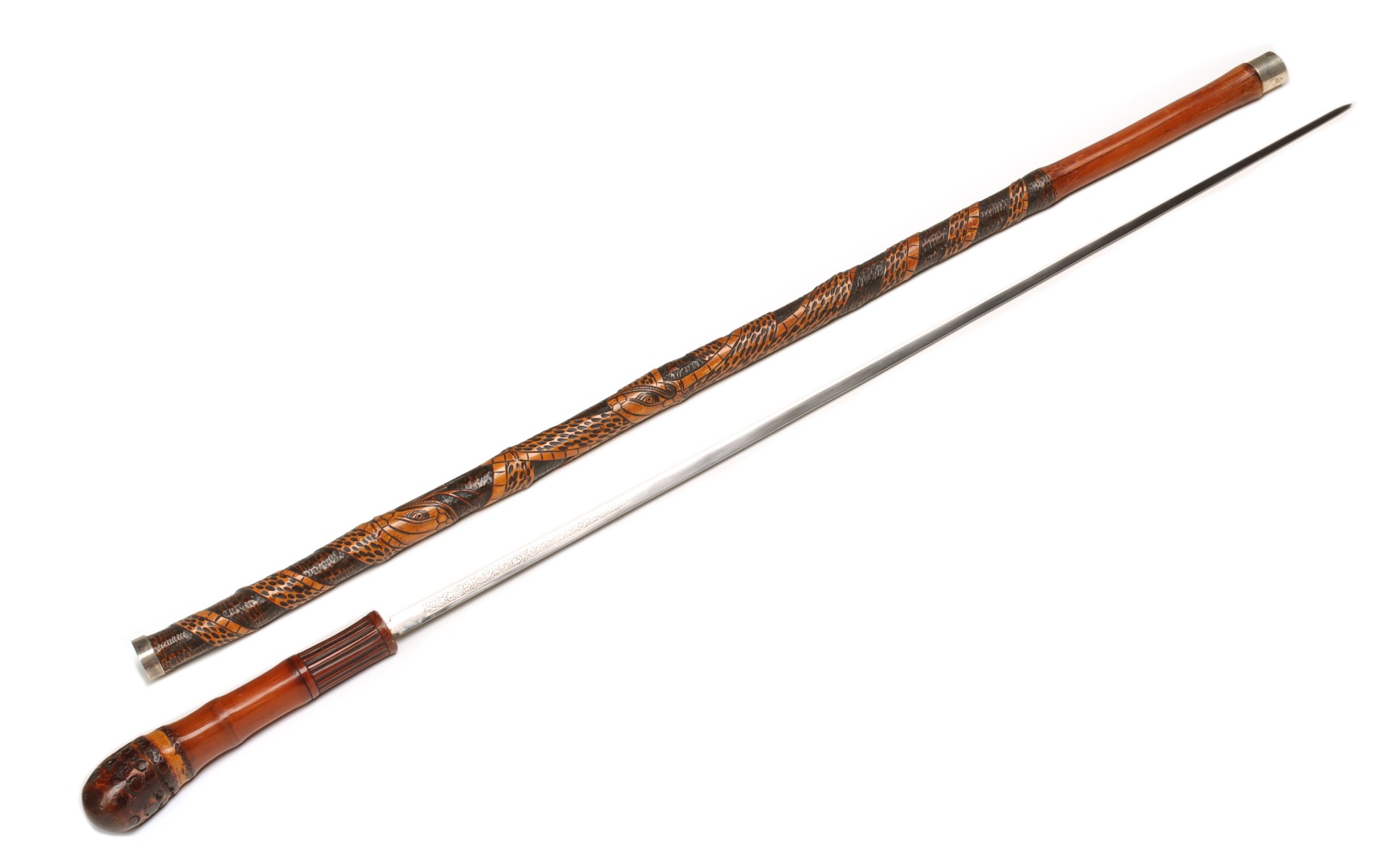 A DECORATED BAMBOO WALKING STICK WITH BLADE C. 1908