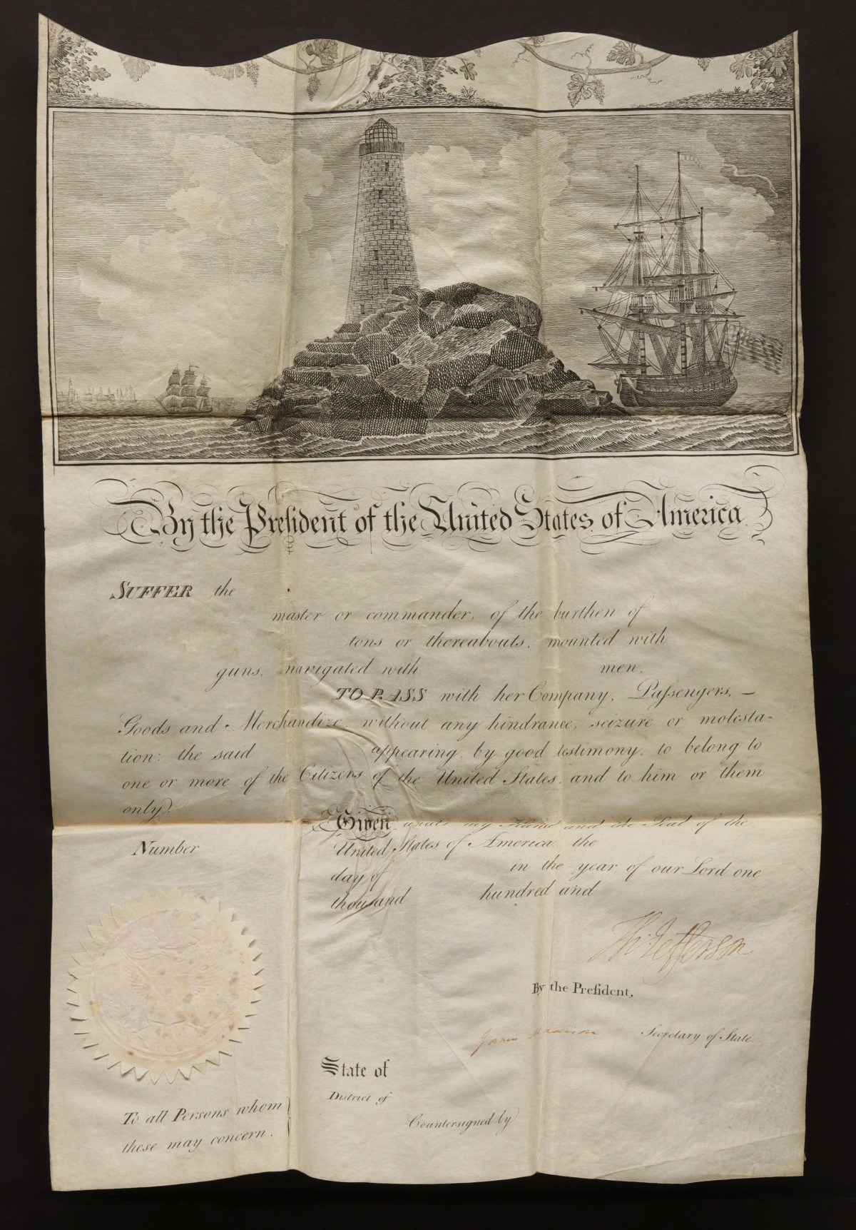 A SEA PASSPORT SIGNED THOMAS JEFFERSON & MADISON