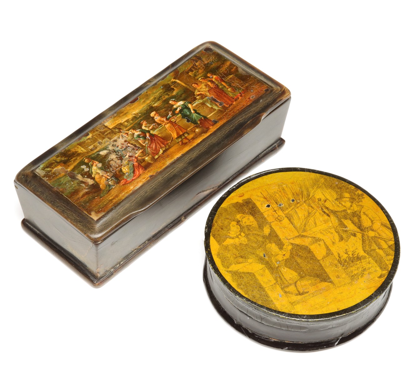 19TH C. SOLID HORN AND PAPIER MACHE' SNUFF BOXES