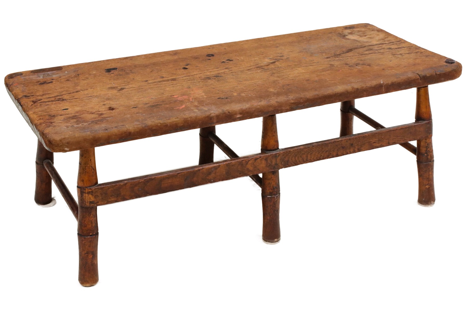 A 19TH C. WINDSOR STYLE PLANK TOP BENCH