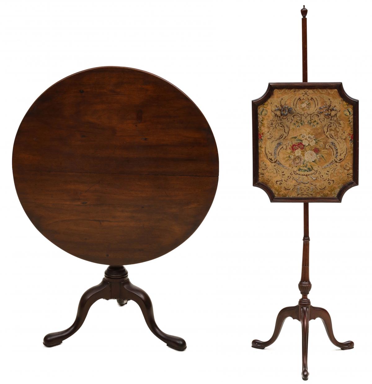 19TH C. TILT TOP TABLE AND POLE FIRE SCREEN
