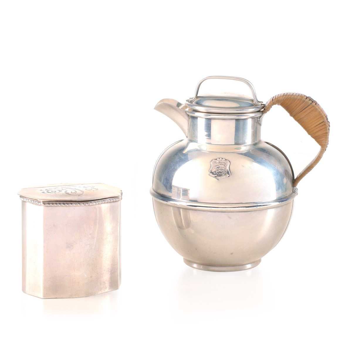20TH CENTURY STERLING SILVER TEA CADDY AND POT