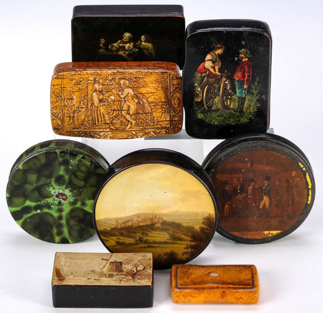 A GOOD COLLECTION EIGHT NICE 19TH C. SNUFF BOXES
