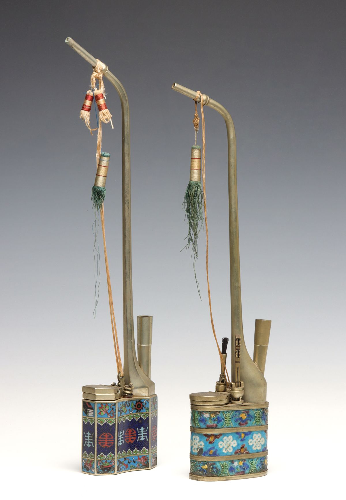TWO GOOD 19TH C. CHINESE OPIUM PIPES WITH ENAMEL