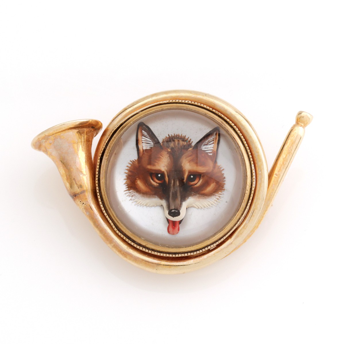 A 14K HUNTING HORN PIN WITH ESSEX CRYSTAL FOX PORTRAIT