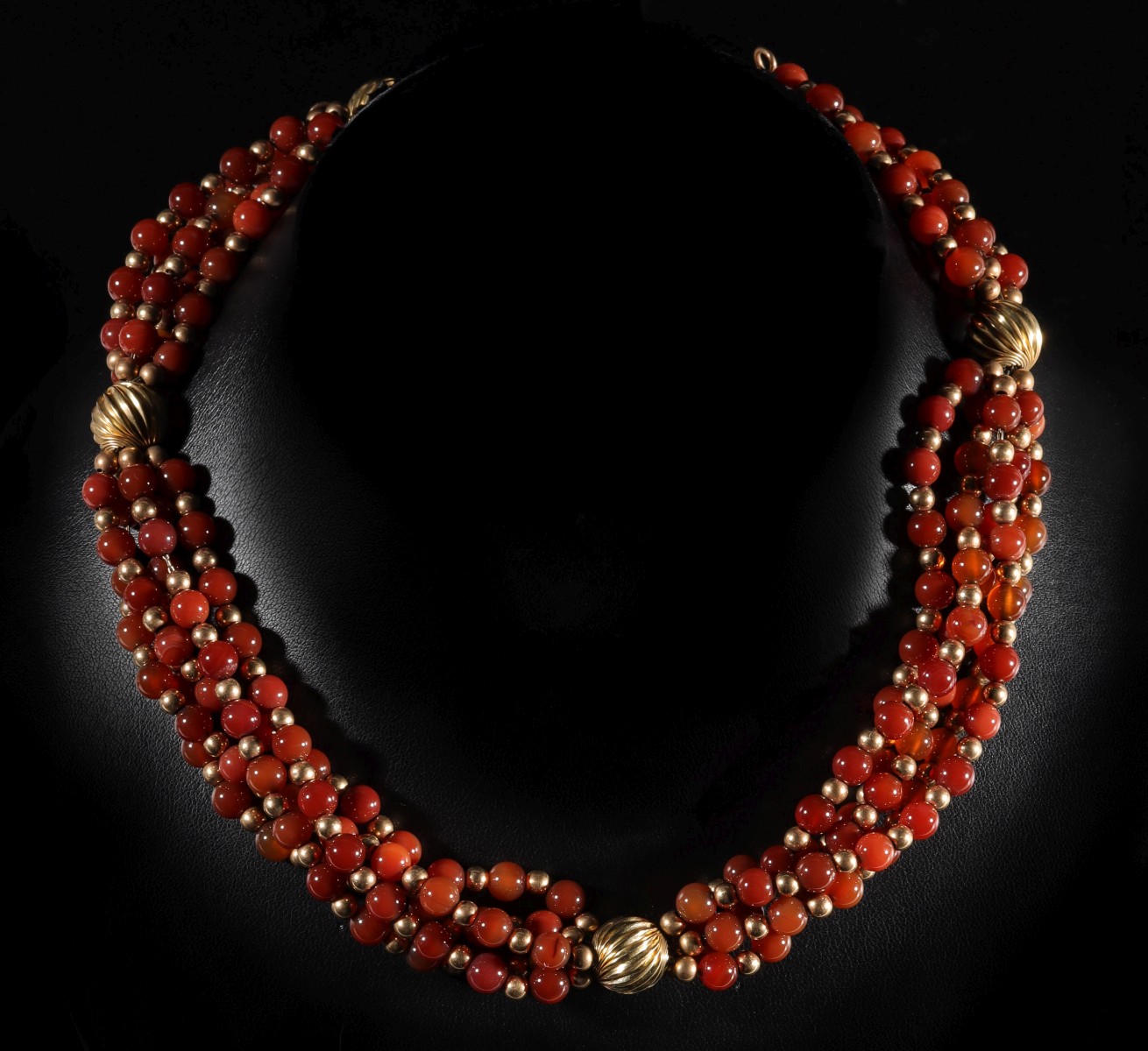 A CARNELIAN BEAD MULTI-STRAND NECKLACE WITH 14K GOLD