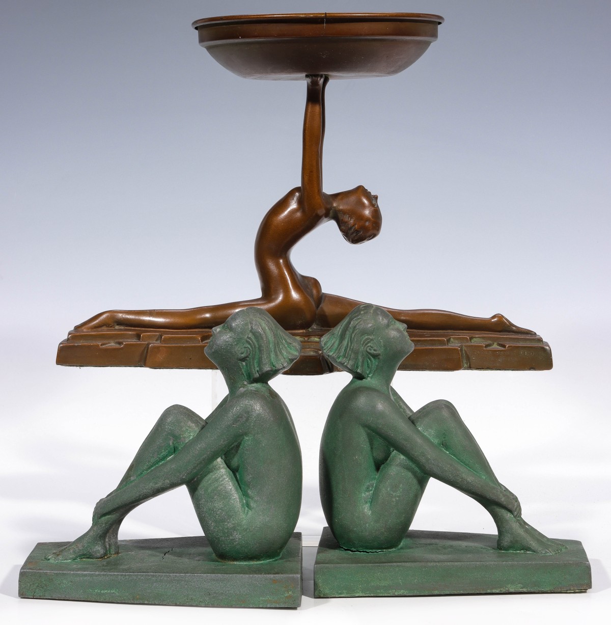 FIGURAL NUDE BOOKENDS AND DANCER ASH RECEIVER