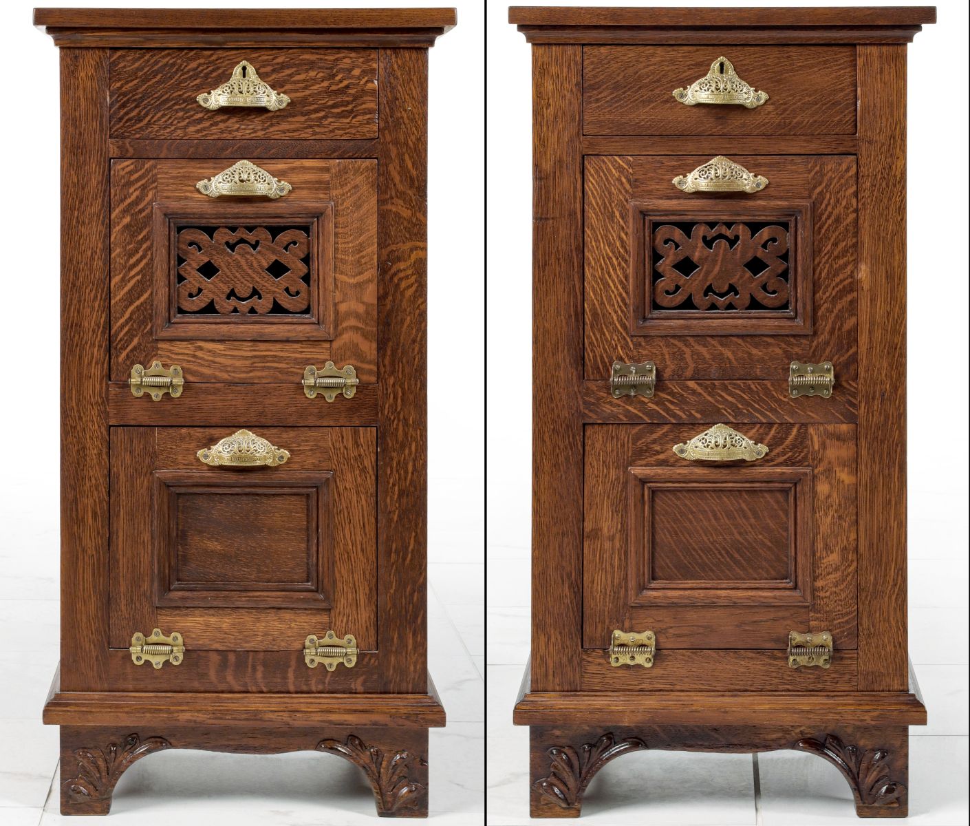 A PAIR OF RARE SMALL OAK BARBER SHOP CABINETS BY KOKEN