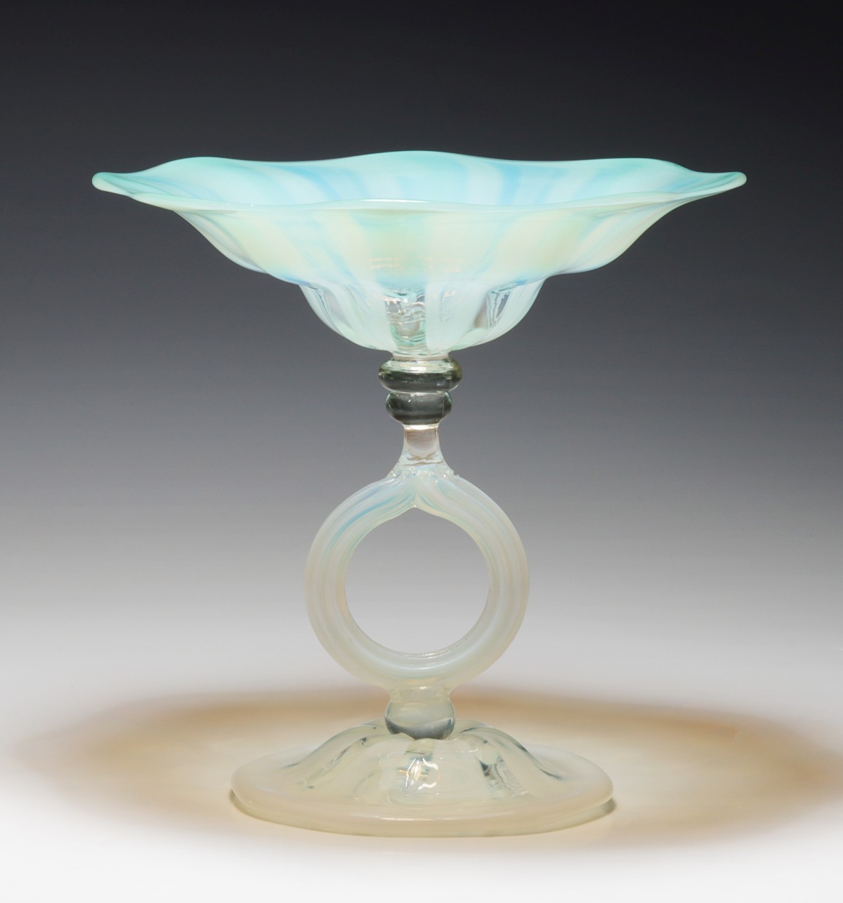 A PASTEL GLASS WEDDING RING COMPOTE SIGNED TIFFANY