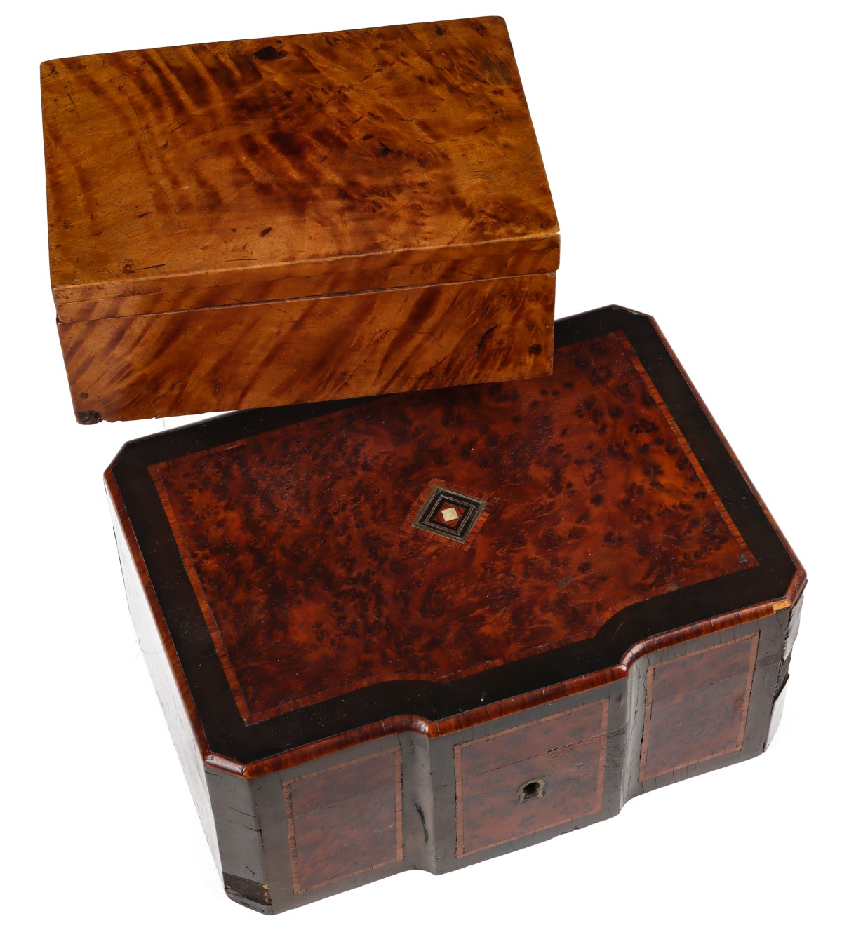 A FINE 19C SOLID CURLY MAPLE BOX. PLUS ANOTHER.