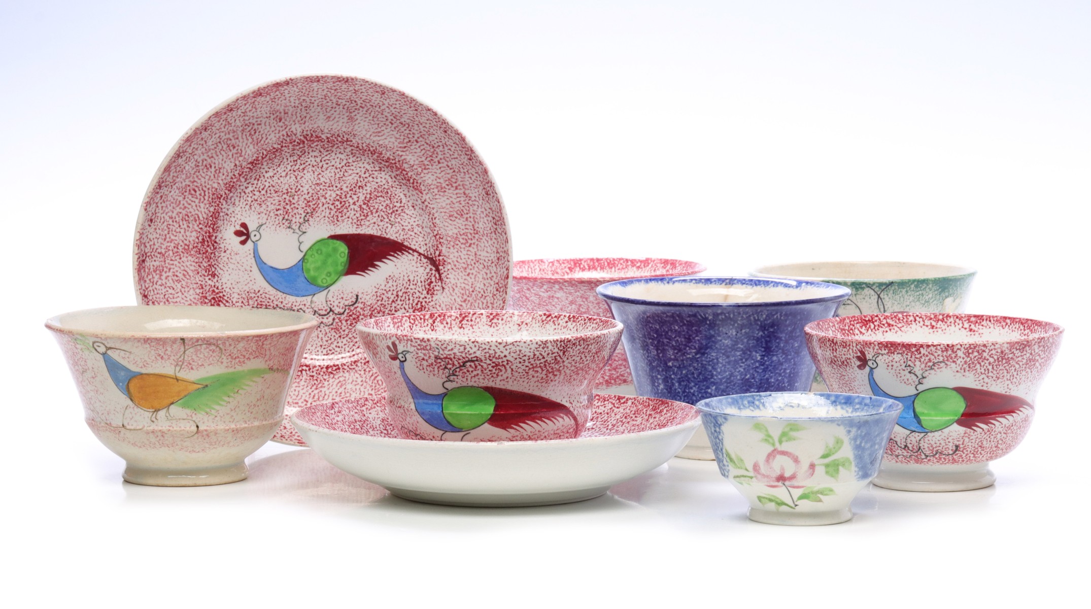 GREEN AND RED PEAFOWL DECORATED SPATTERWARE