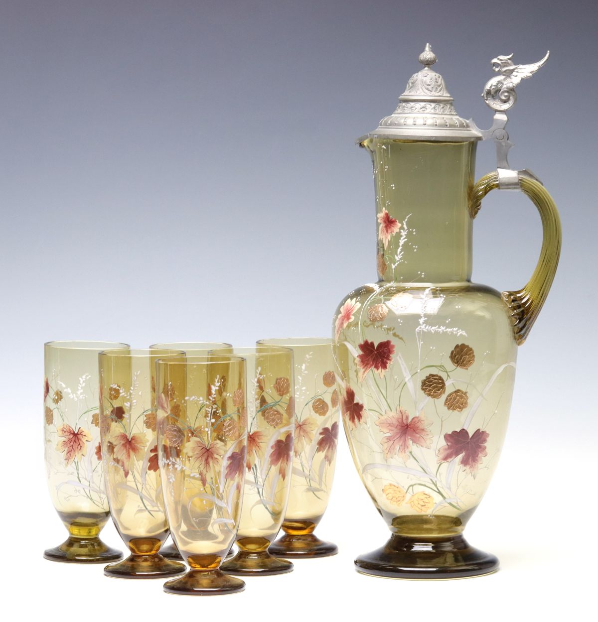 A SEVEN PIECE ENAMELED GLASS BOHEMIAN BEER SERVICE