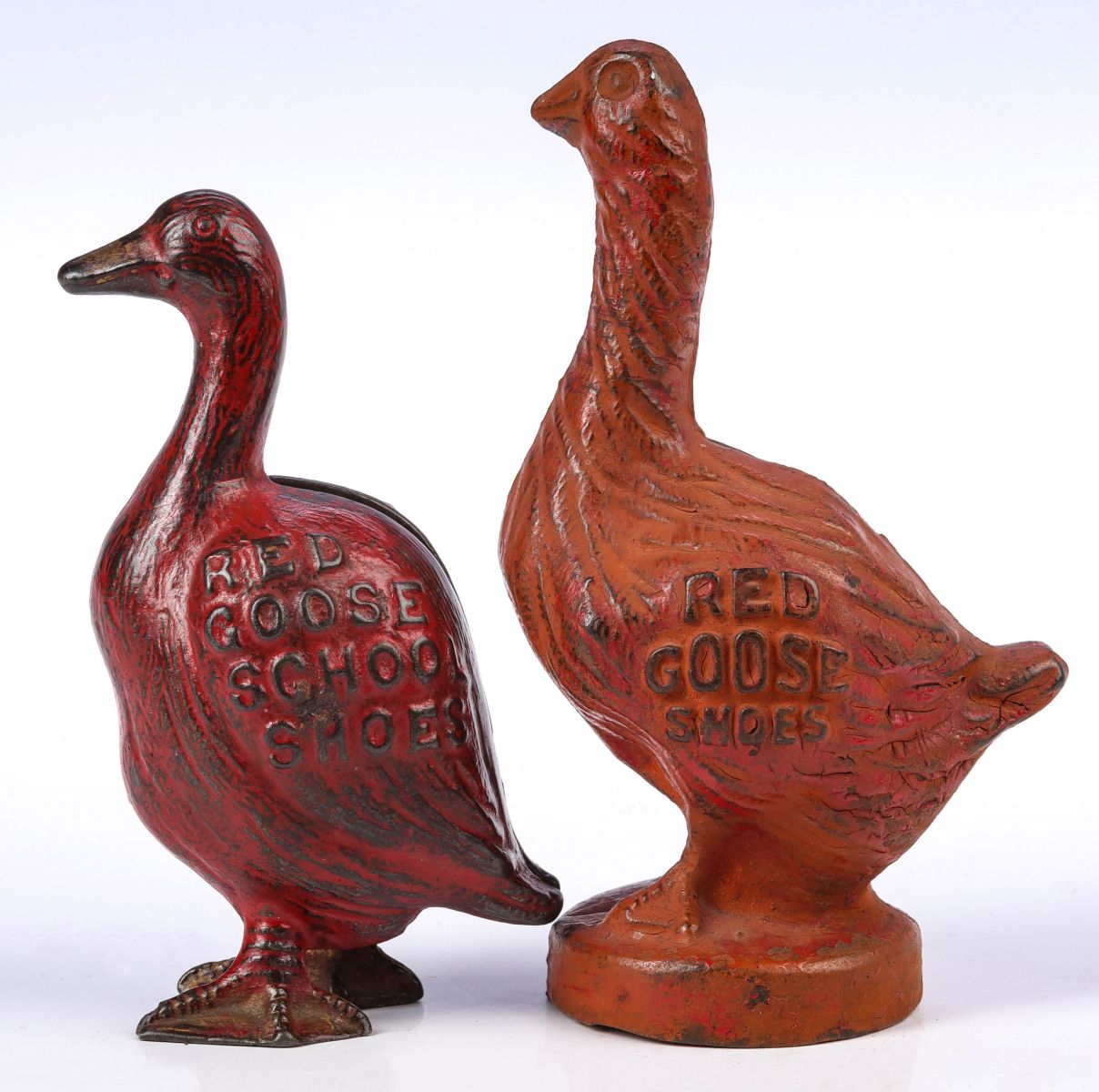 TWO RED GOOSE SHOES CAST IRON BANKS