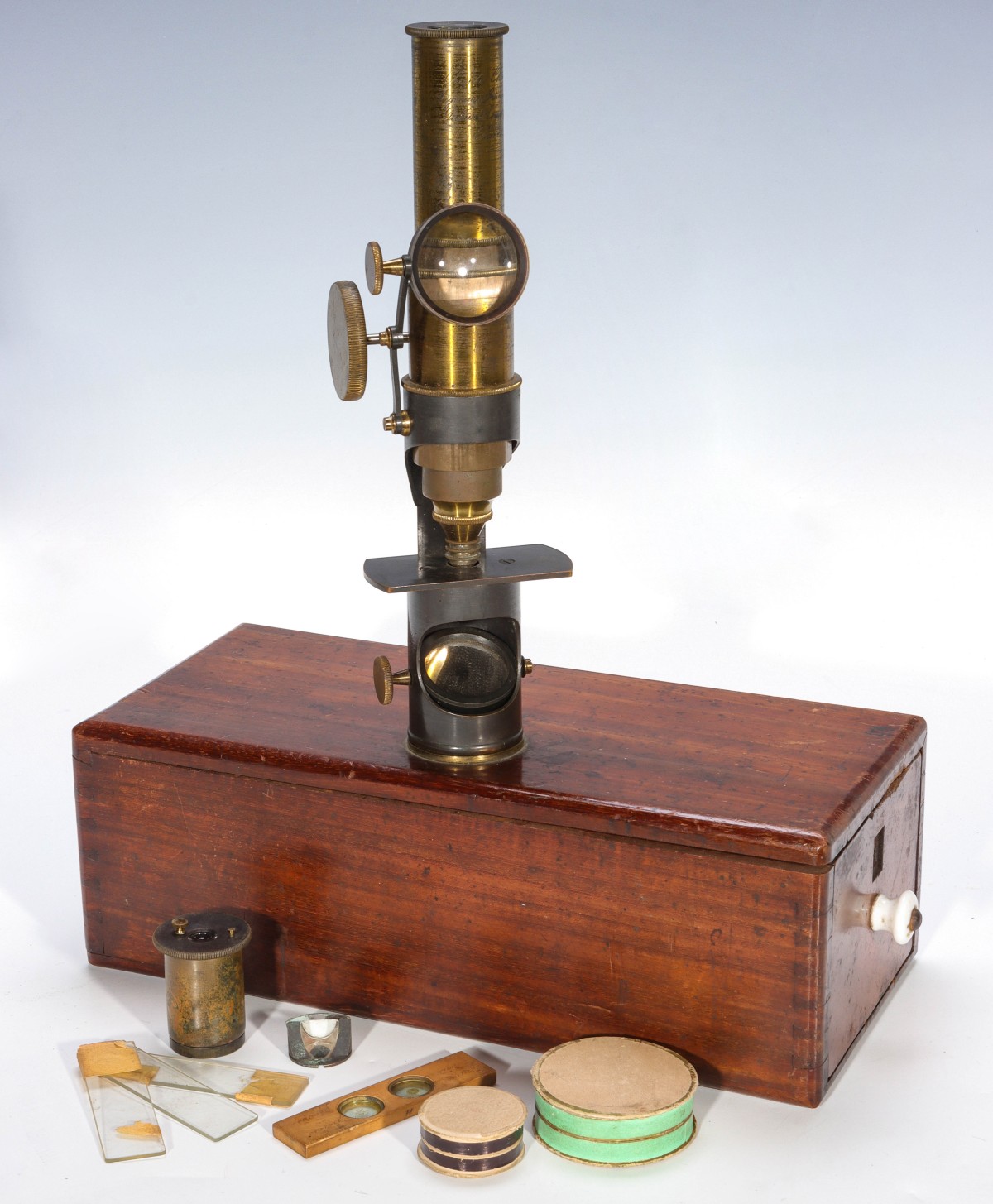 A MID 19TH C. CASE MOUNTED MICROSCOPE SIGNED CHEVALIER