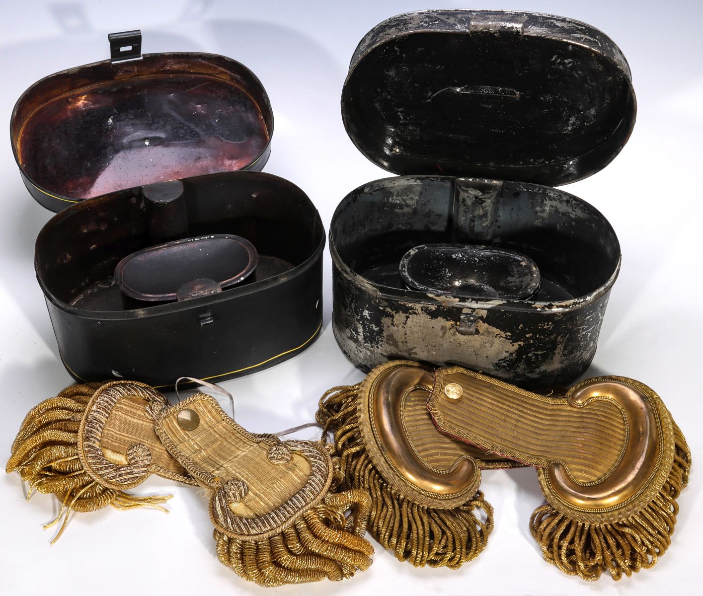 TWO PAIR 19TH CENTURY GOLD EPAULETS IN TOLE BOXES