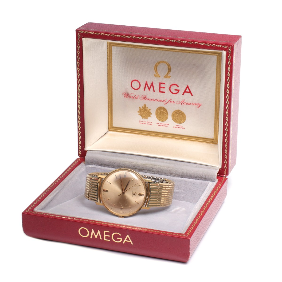 AN OMEGA 18K GOLD GENT'S WRIST WATCH IN ORIG BOX