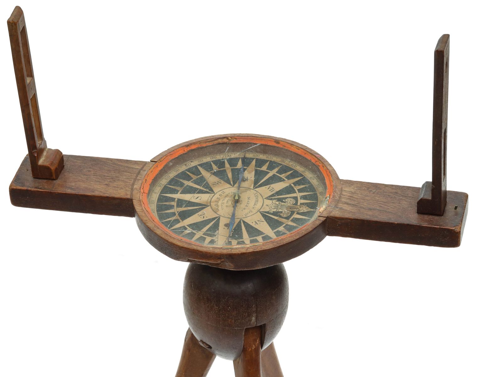 AN 18TH C. WALNUT SURVEYING COMPASS SIGNED NEWELL & SON