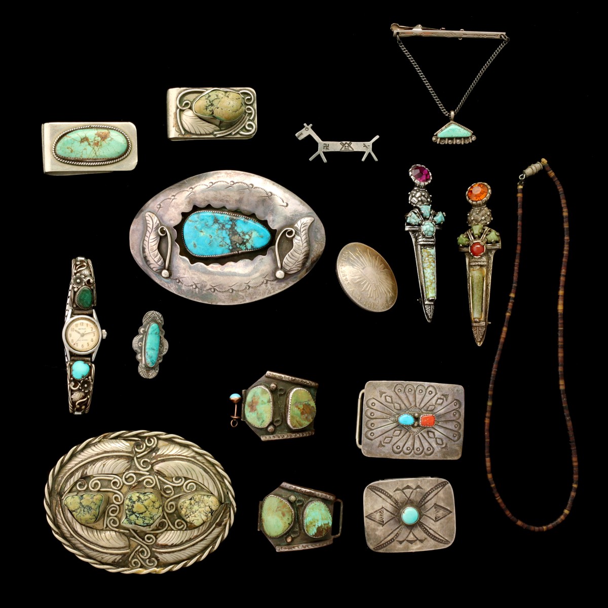 A COLLECTION OF NAVAJO SILVER JEWELRY WITH TURQUOISE