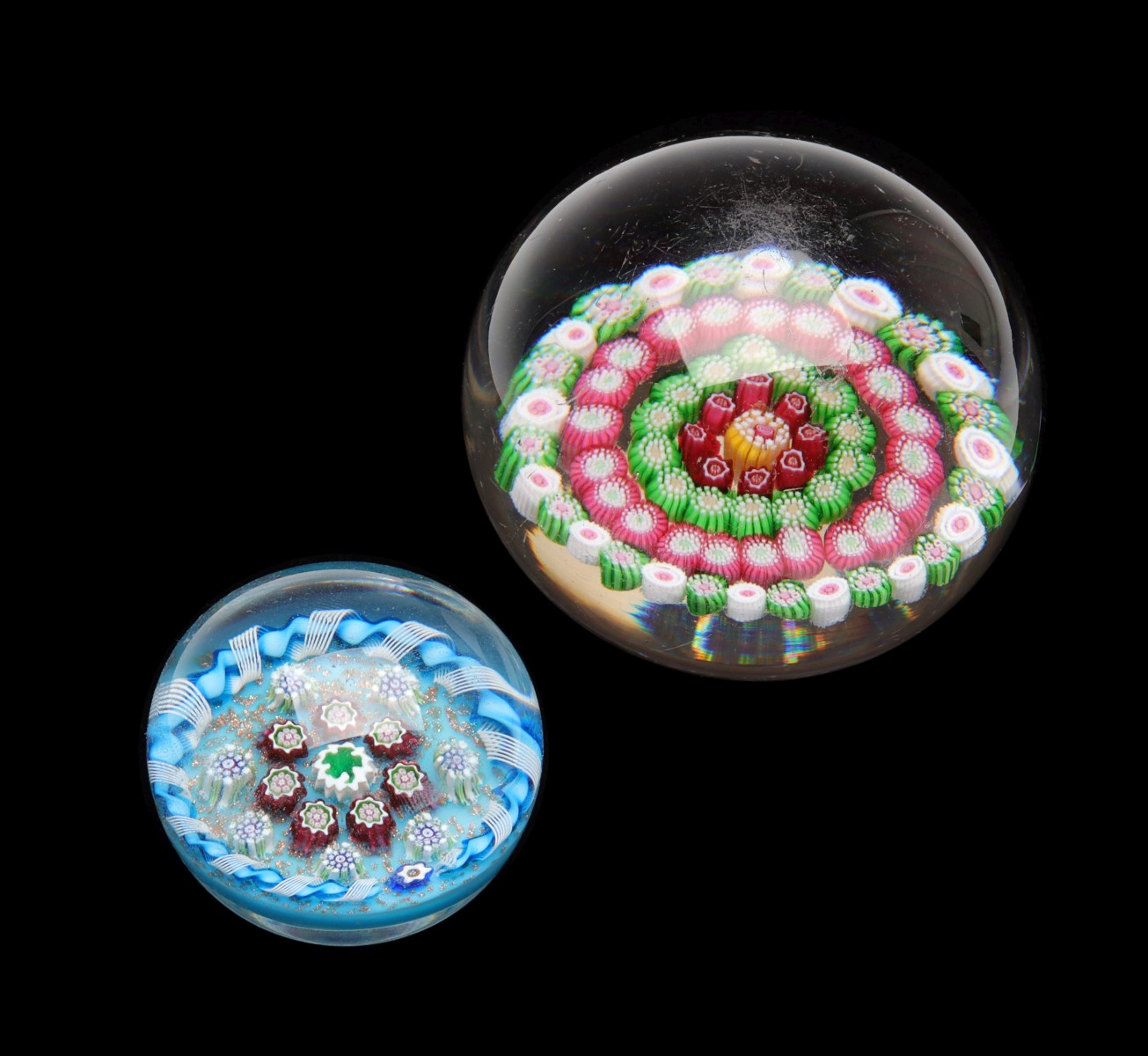 TWO ANTIQUE MILLEFIORI GLASS PAPERWEIGHTS