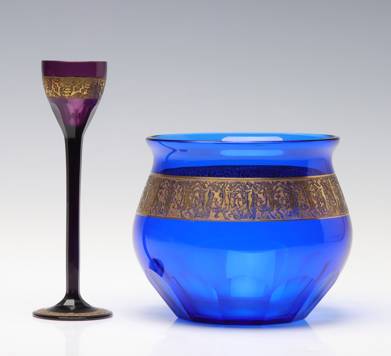 BLUE AND AMETHYST ACID CUT CAMEO MOSER ART GLASS