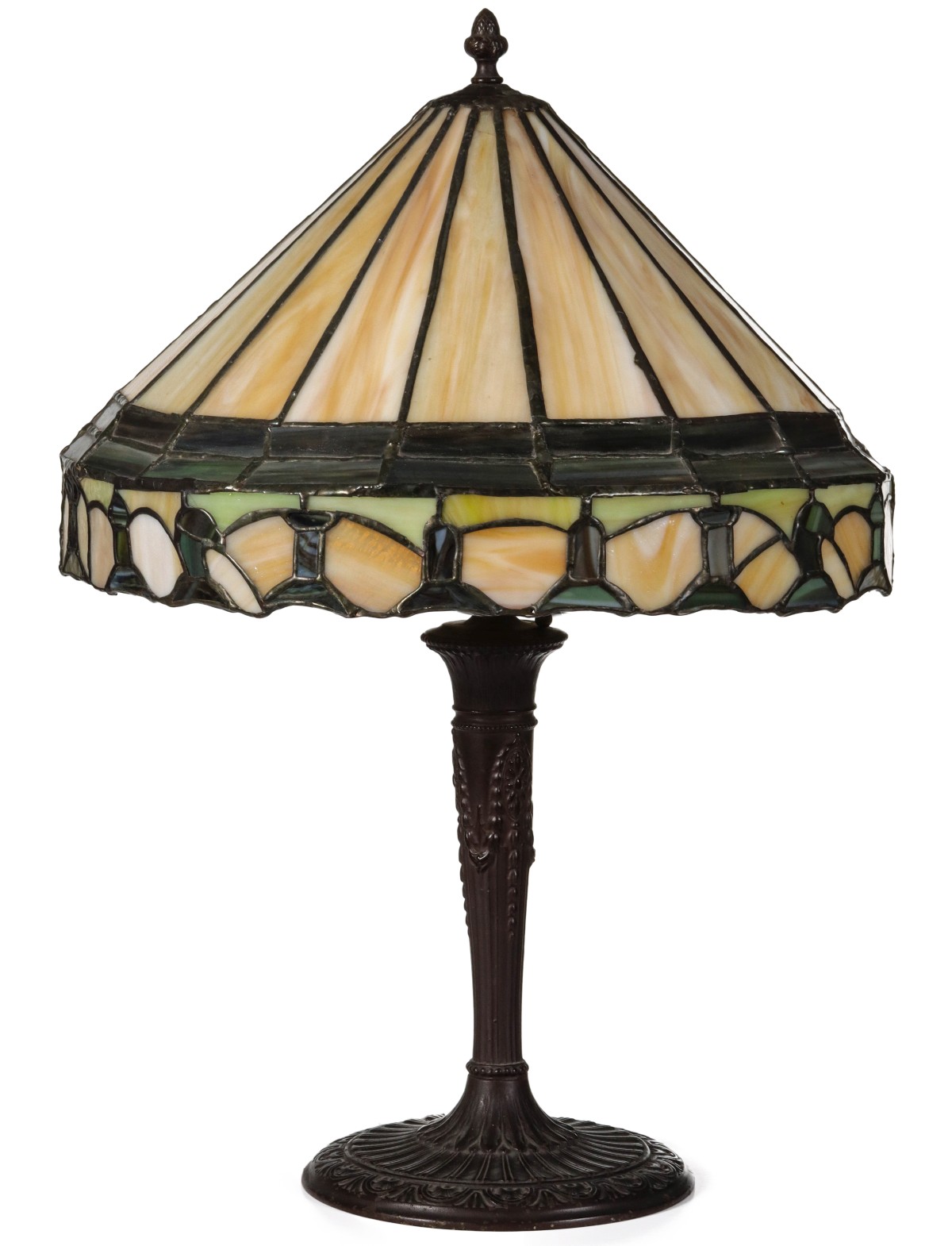 A LEADED GLASS TABLE LAMP SHADE ON 1920s BASE