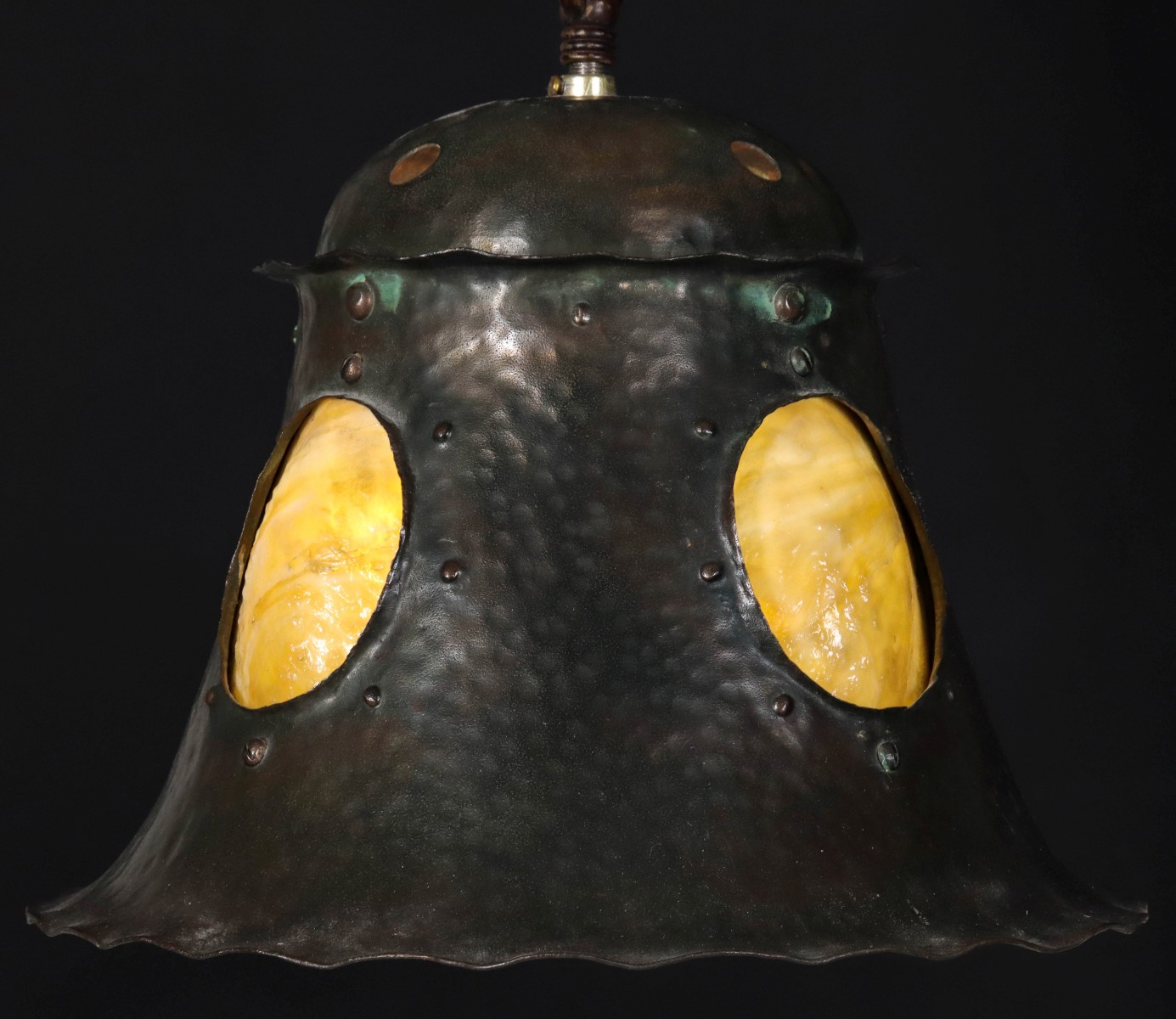 A HAMMERED ARTS AND CRAFTS LANTERN WITH CABOCHONS