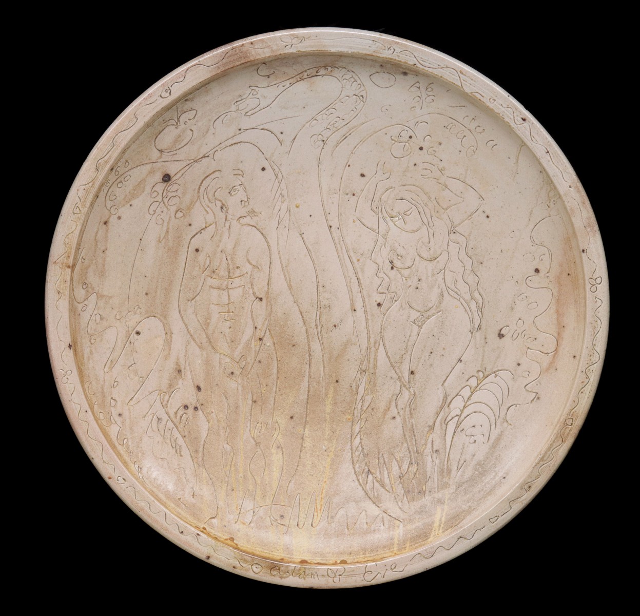 KEN FERGUSON (1938-2005) SALT FIRED ADAM & EVE CHARGER